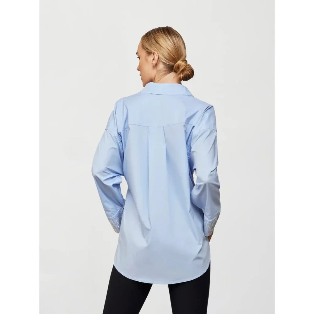 Carbon38 Women's Rhinestone Oversized Button Up Shirt Size Small Light Blue - Picture 2 of 9